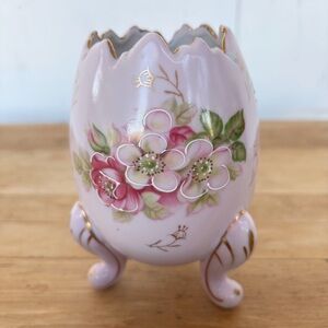 Vintage Inarco 1962 Porcelain Small Cracked Egg Footed Pink & Gold Floral Vase